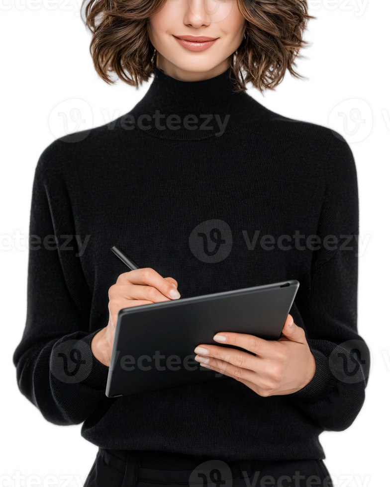 Woman in Black Sweater Using Tablet for Creative Tasks and Ideas png
