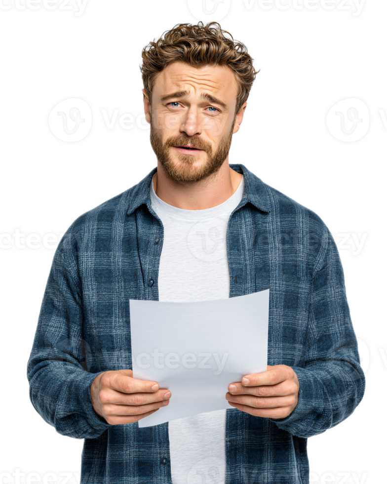Young Man Holding Paper with Concerned Expression in Casual Outfit png
