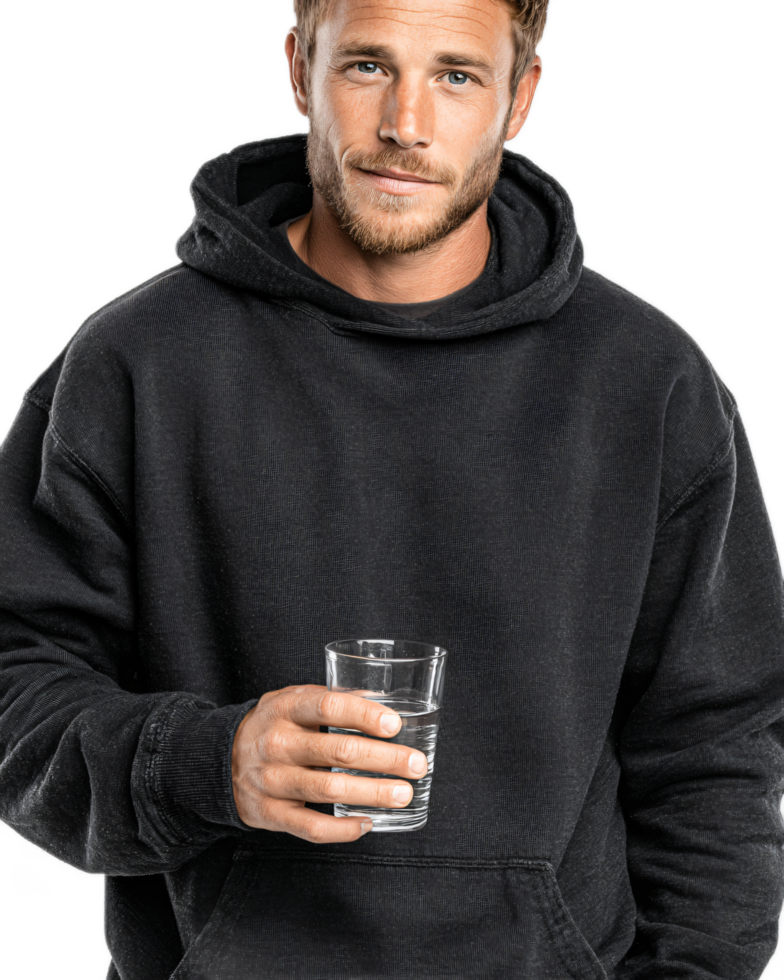 Man in Black Hoodie Holding Clear Glass of Water with a Smile png