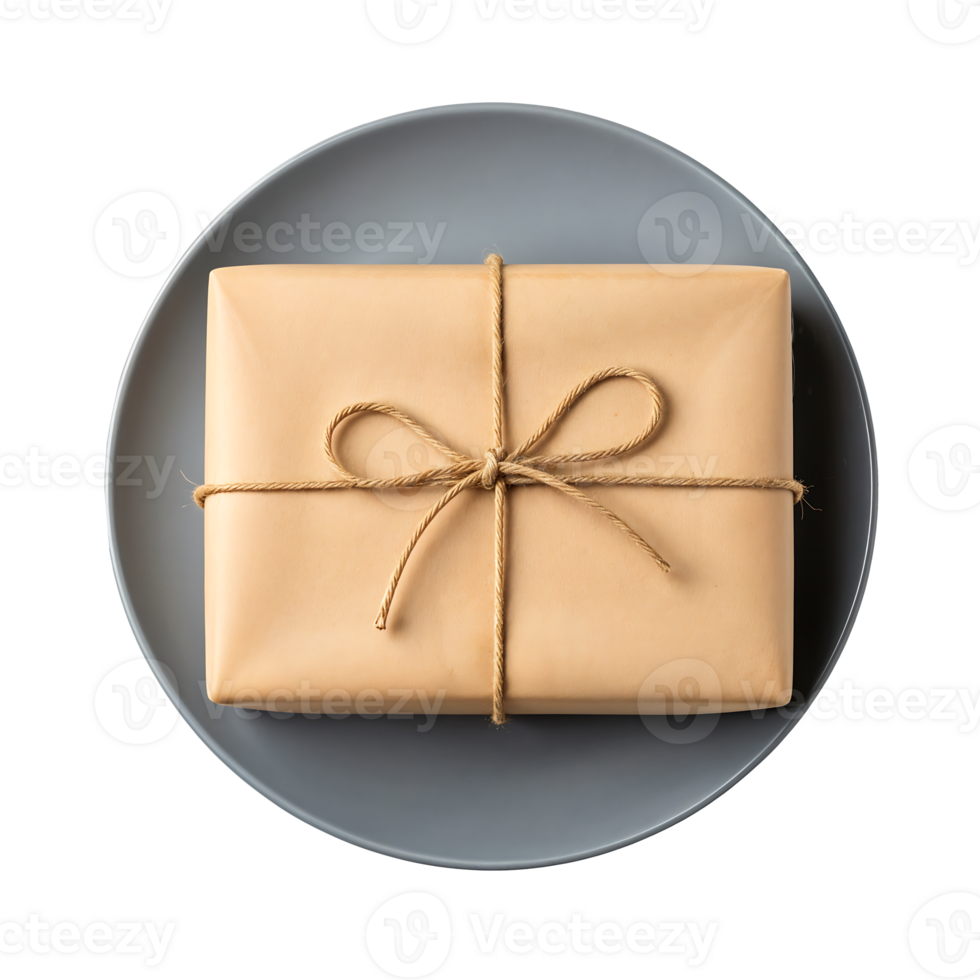 Wrapped Gift Box on Grey Ceramic Plate png