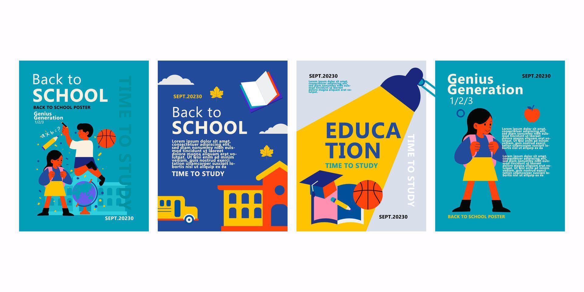 trendy minimalist Back to School horizontal poster collection, vertical banner and flyer template with colorful and education elements vector