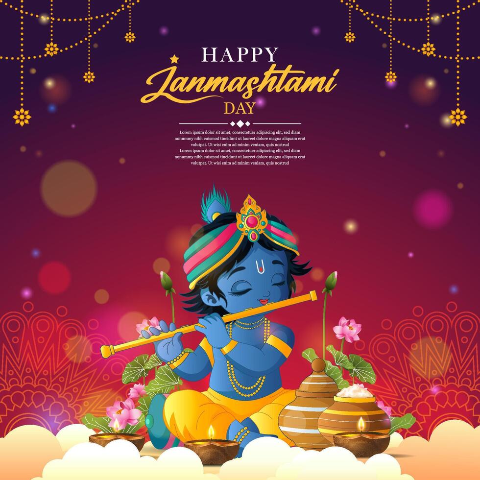 Happy Janmashtami day Background with cute little krsina playing flute and elegant gradient concept vector
