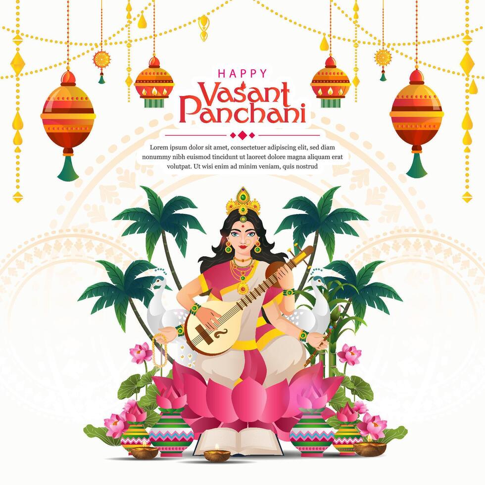 happy vasant panchami background with beautiful woman and indian ornament vector
