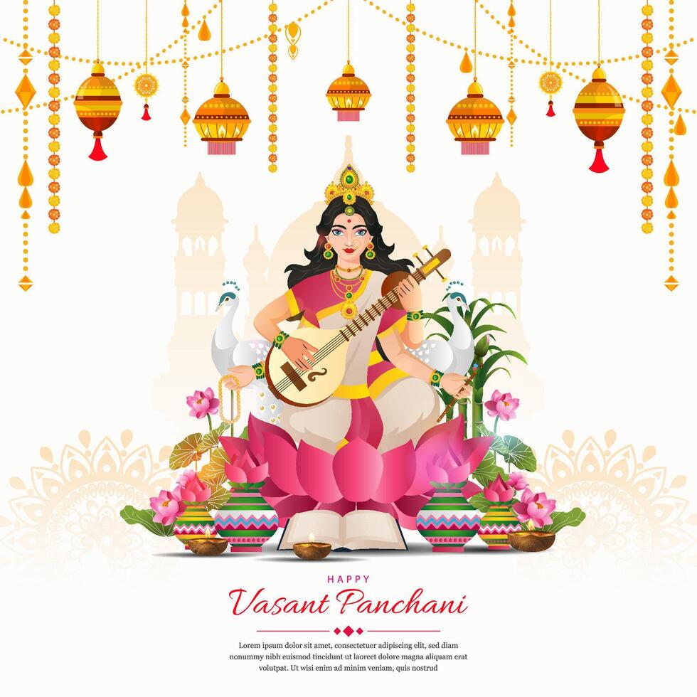 happy vasant panchami background, with beautiful woman playing guitar and indian ornament vector