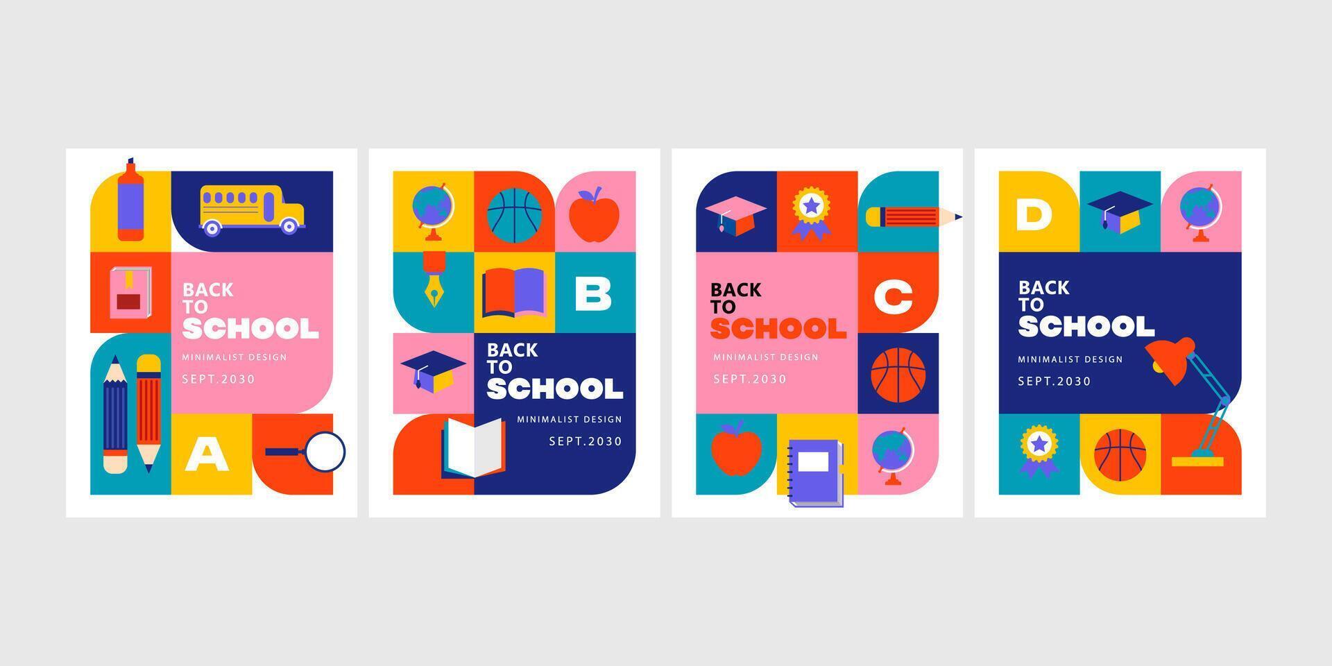 trendy minimalist back to school poster collection with flat education elements vector