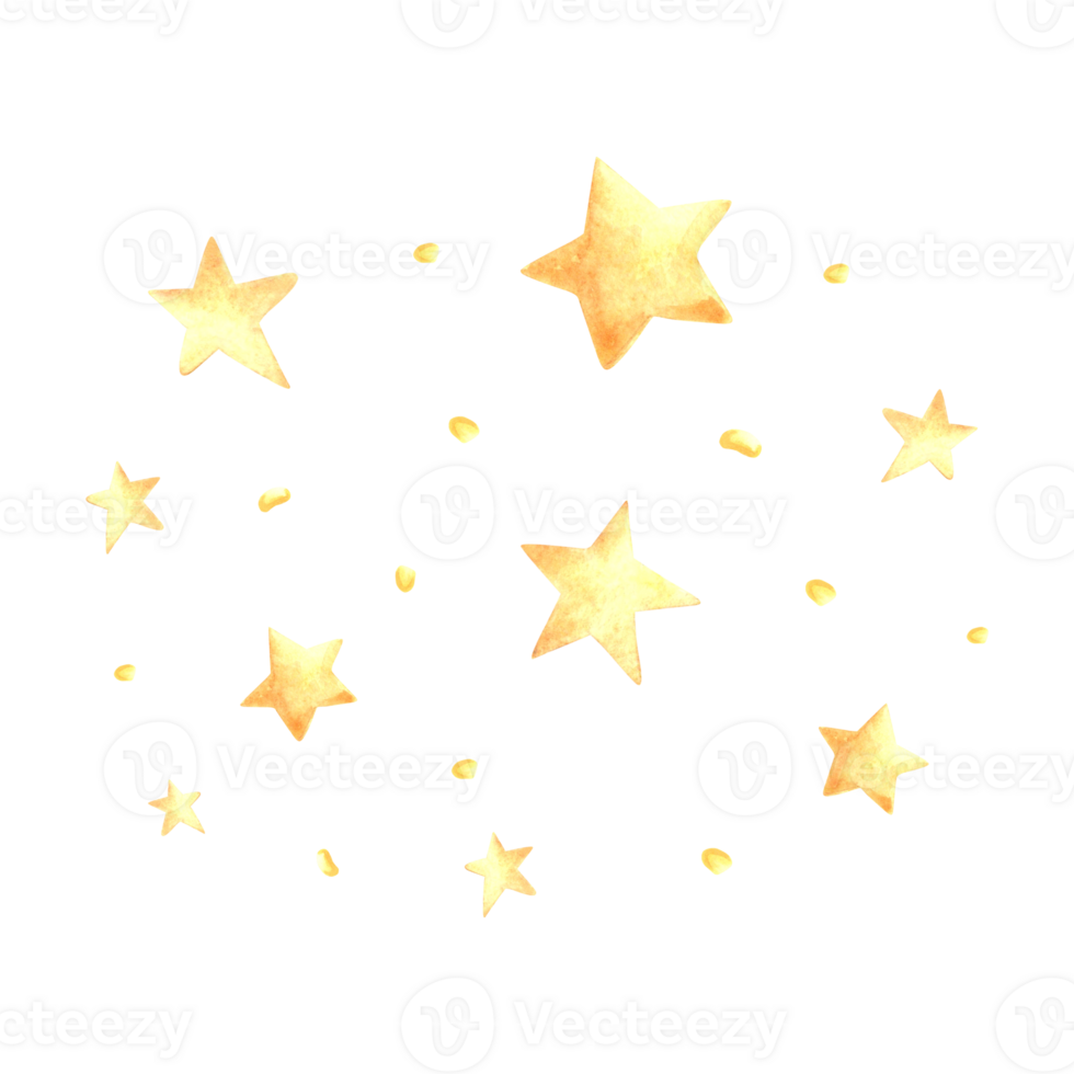 Golden stars with sparkle dots watercolor isolated illustration for kids design. Cute hand drawn midnights background with twinkling constellation. Template for baby print from fairy tale dreams theme png