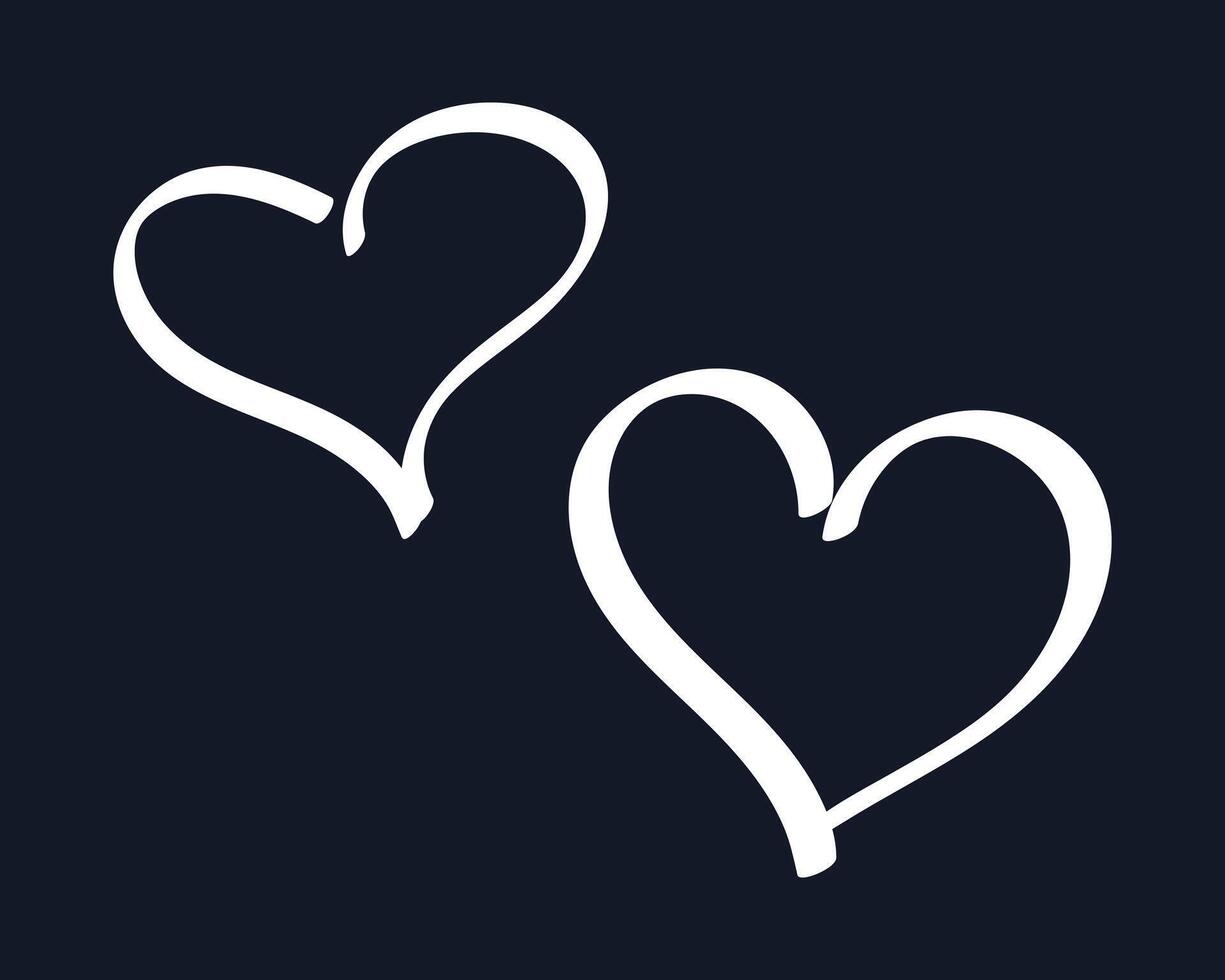 Doodle Chalked two Hearts on black background. Children outline element Love. Hand drawn Romance. Linear passion, feeling. Tenderness, care. Isolated drawing on chalkboard. Comic illustration vector
