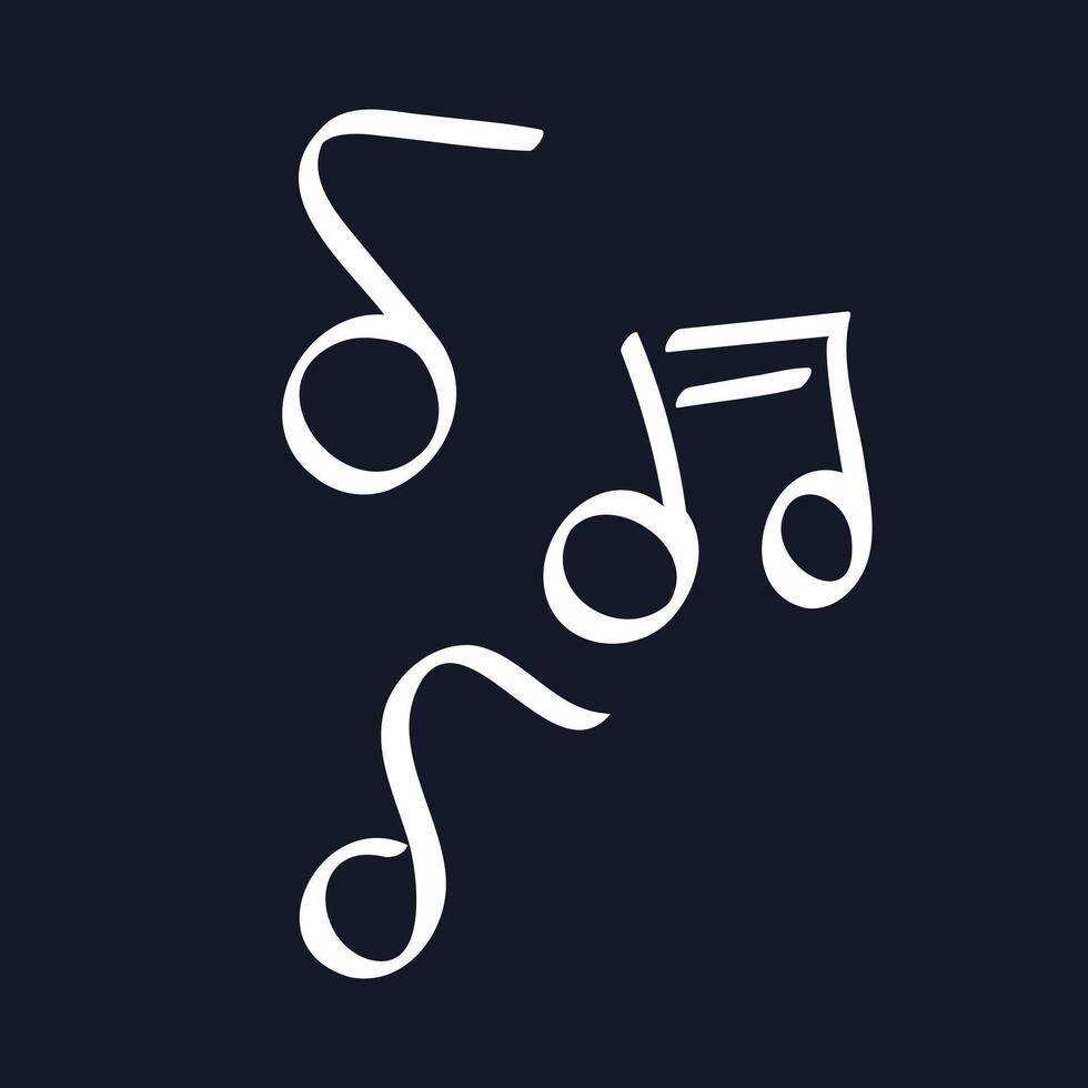 Doodle Chalked Musical Notes on black background. Children outline element of music. Hand drawn Sounds. Linear melody, Clef symbol. Comic style. Isolated drawing on chalkboard. illustration. vector