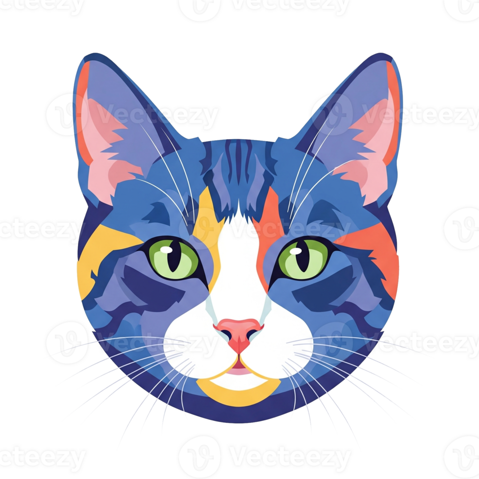 Colorful Geometric Cat Portrait With Green Eyes And Pink Nose Colorful Abstract Cat Portrait Vibrant Orange Blue And White Fur Striking Blue Eyes Isolated On Transparent Background png