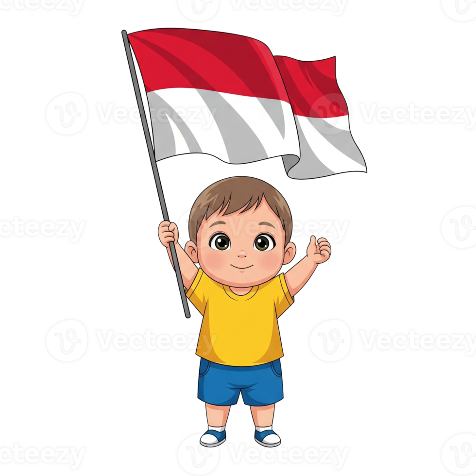Cheerful Cartoon Boy Holding Indonesian Flag Giving Thumbs Up Isolated On Transparent Background png