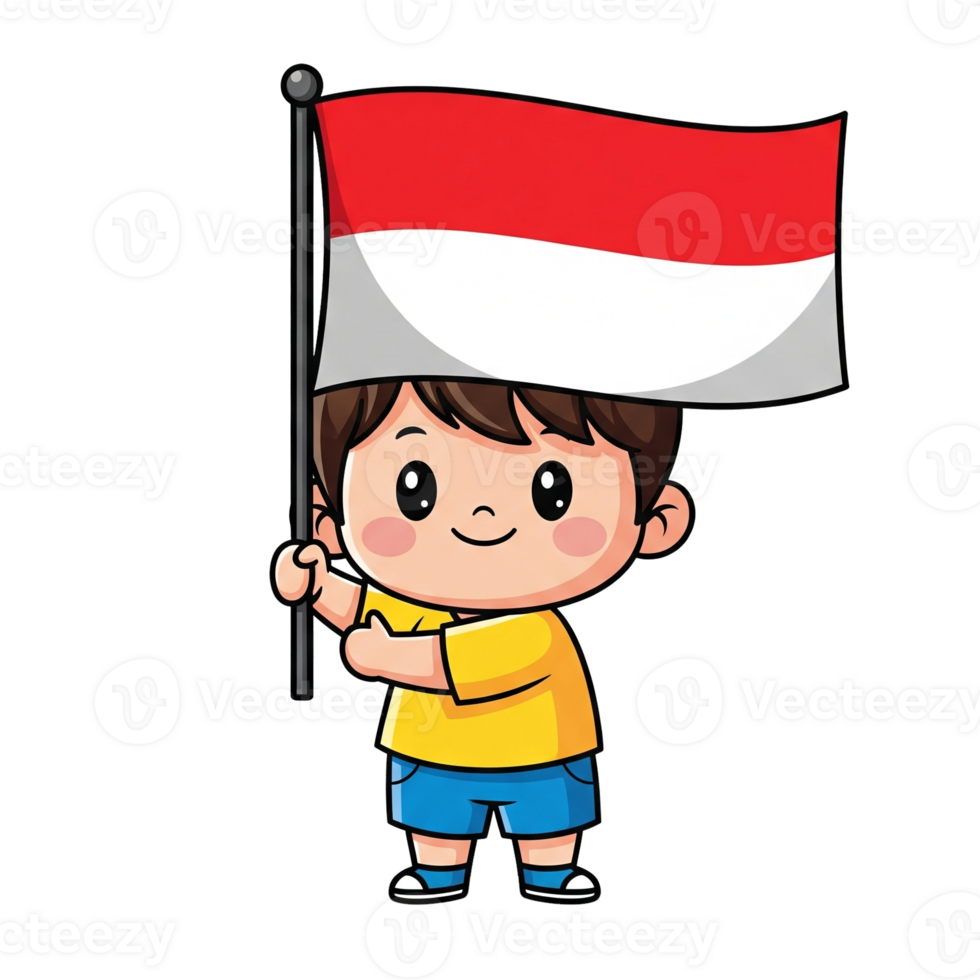 Cartoon Boy Holding Indonesian Flag Cheerful Expression National Pride Isolated On Transparent Background png