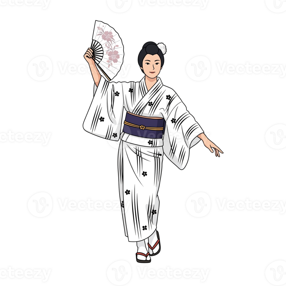 Smiling Japanese Woman In Traditional Kimono With Fan Isolated On Transparent Background png