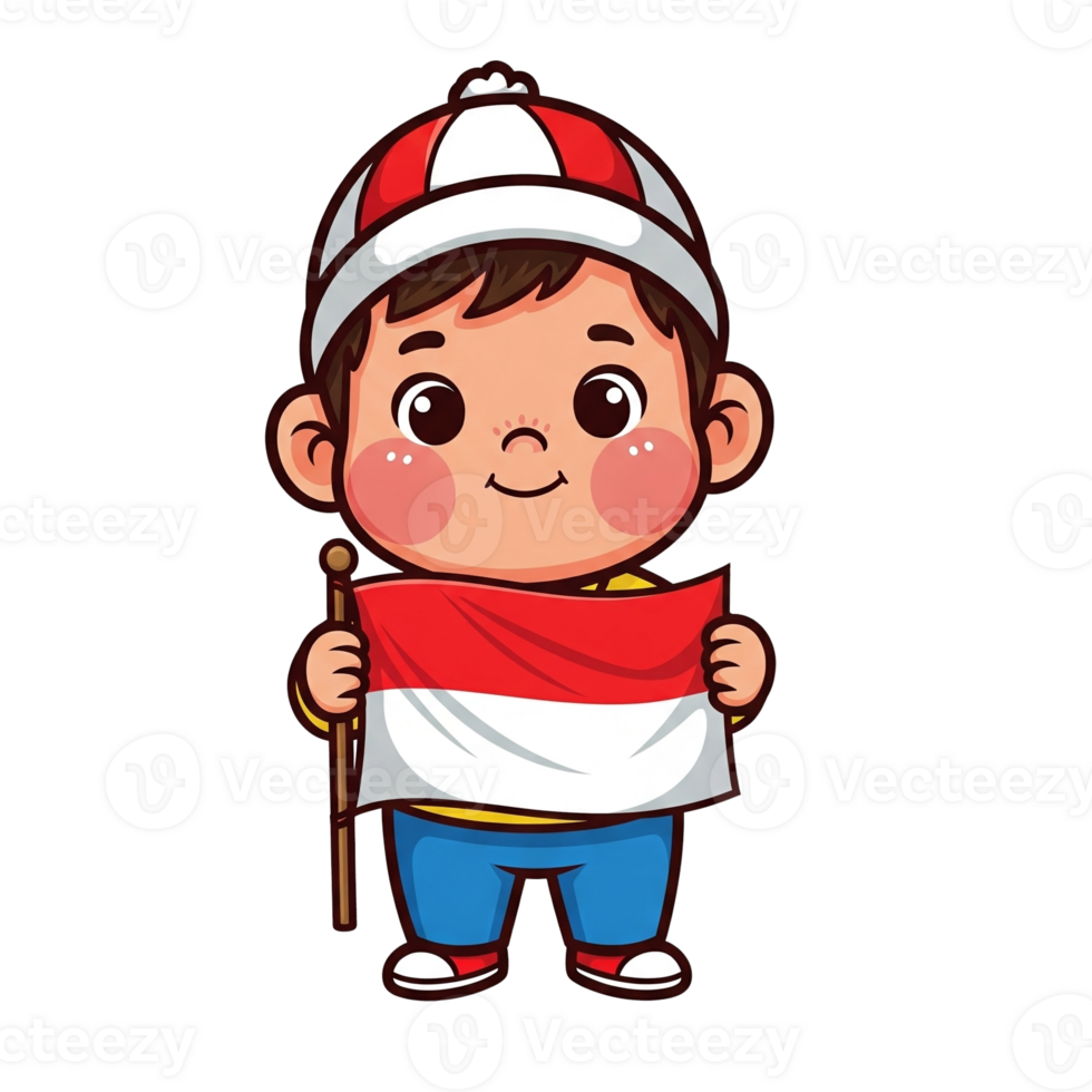 Cartoon Boy Holding Indonesian Flag Wearing Hat Smiling And Standing Proudly Isolated On Transparent Background png