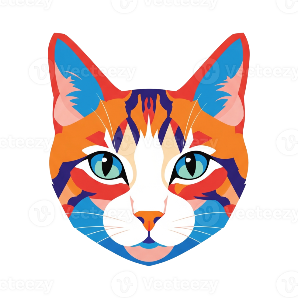 Colorful Abstract Cat Portrait Vibrant Orange Blue And White Fur Striking Blue Eyes Isolated On Transparent Background png