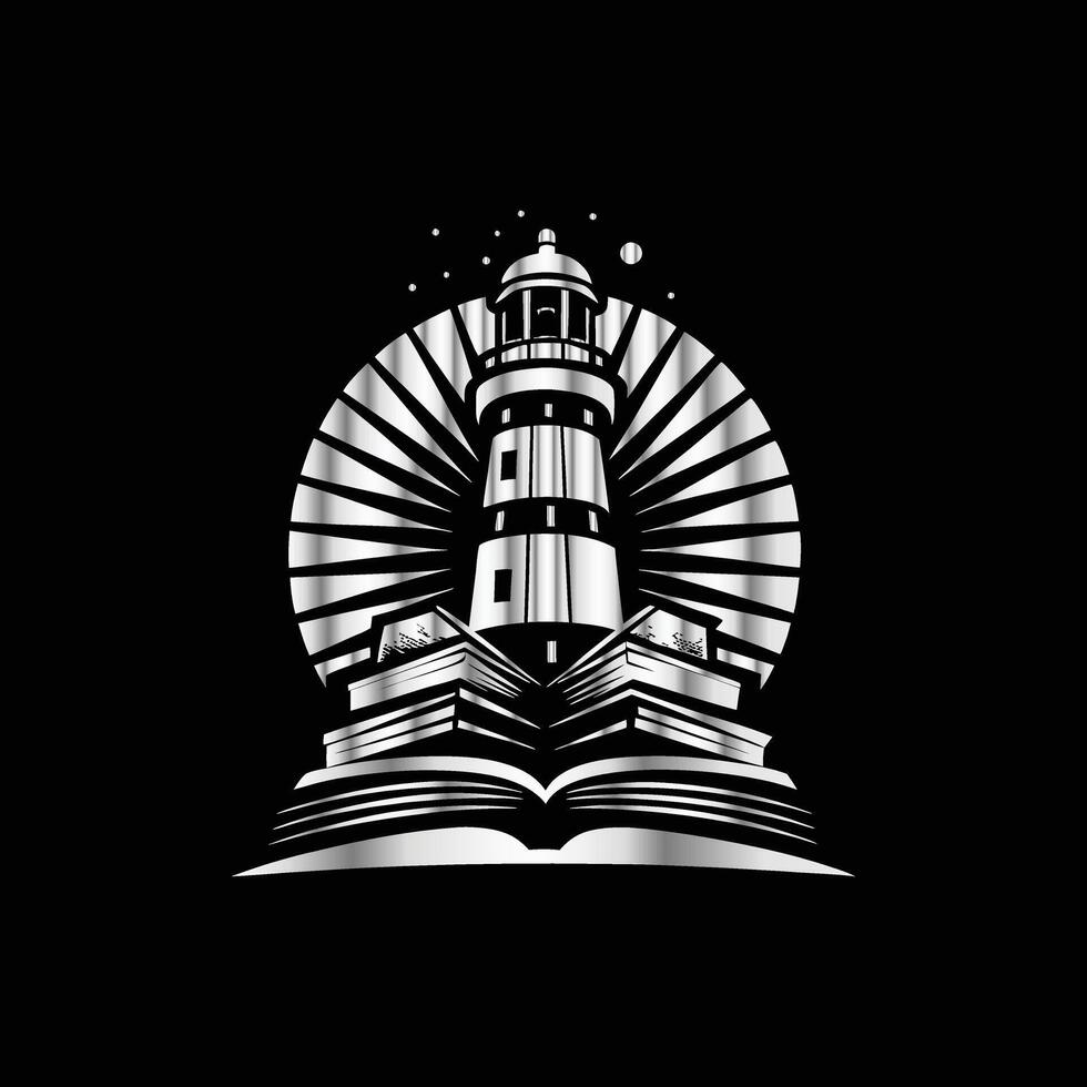 a lighthouse and books on a black background vector
