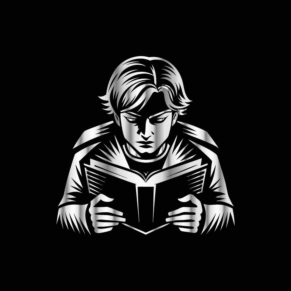 a boy reading a book on a black background. vector