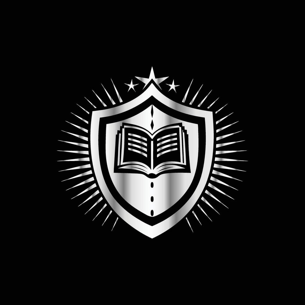 an open book with a shield on a black background vector