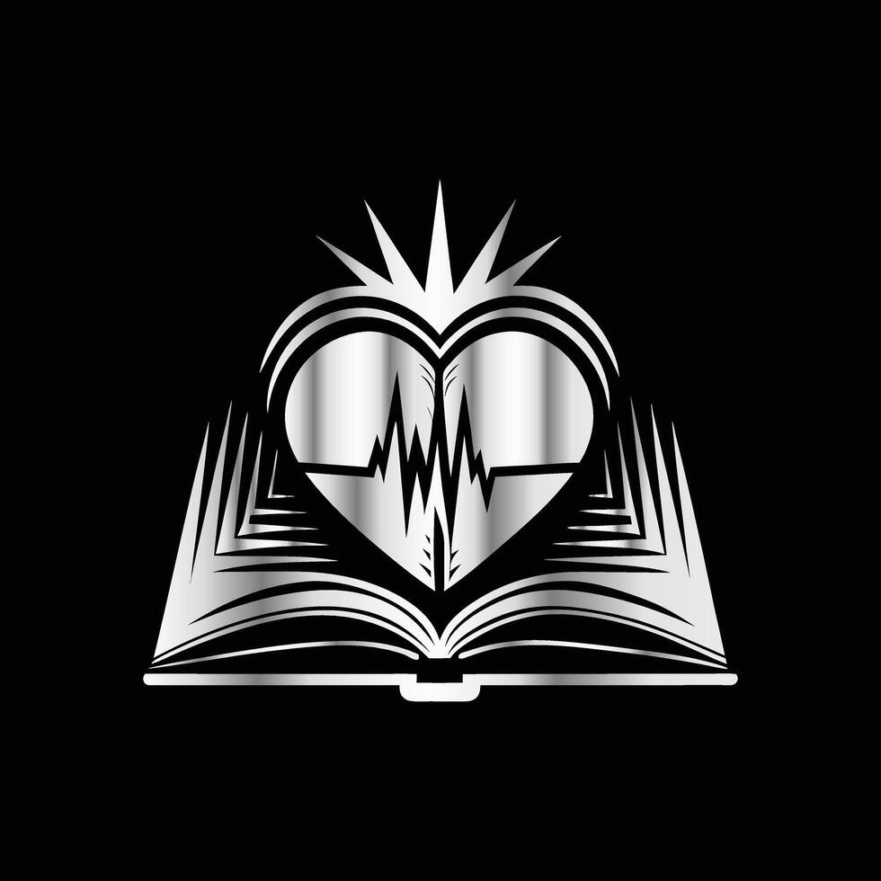 an open book with a heart and a heartbeat vector