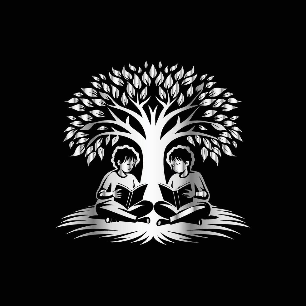 two children reading under a tree vector