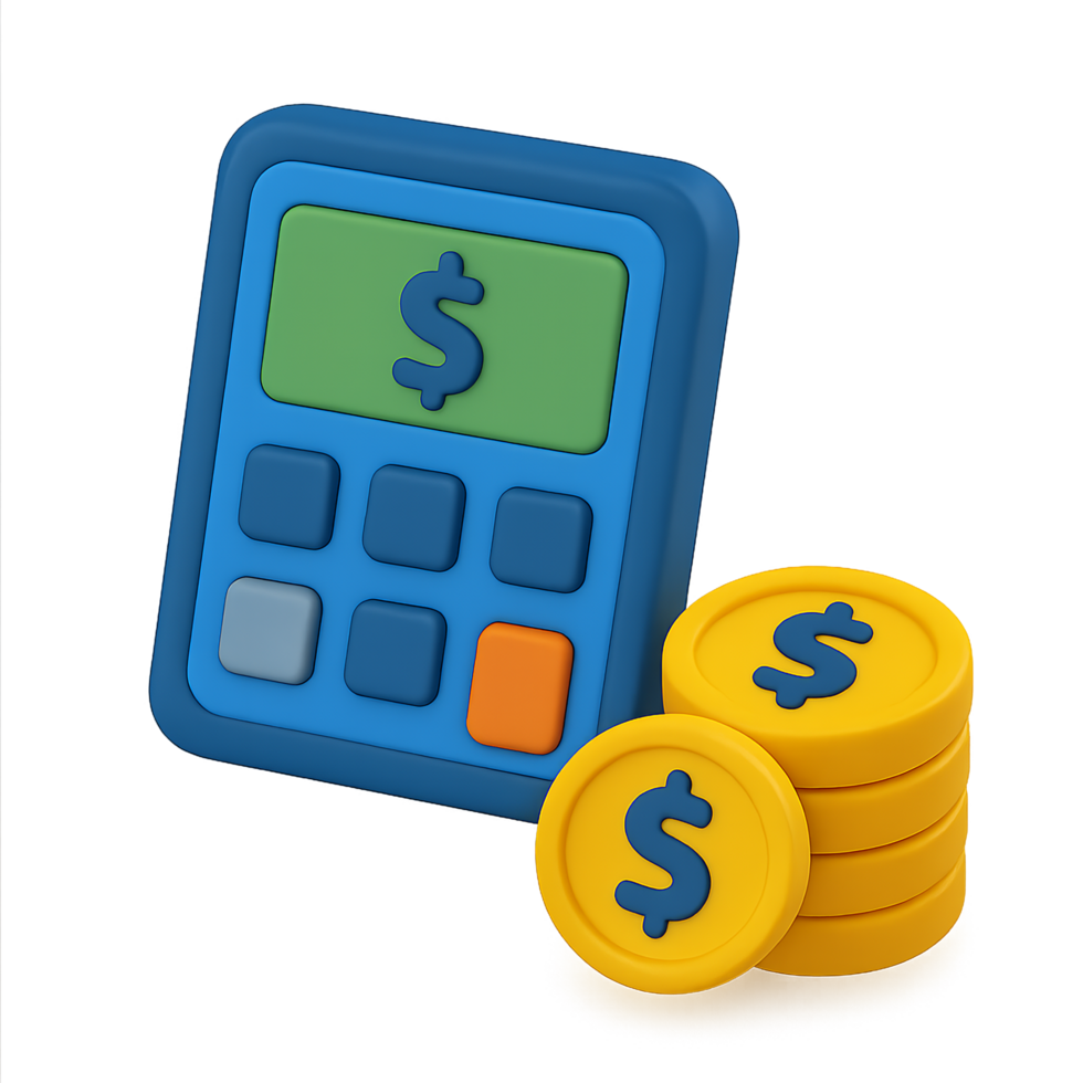3D isometric calculator with dollar symbol and stacked gold coins. Cute and colorful style. Great for finance, accounting, savings, or budgeting design. png