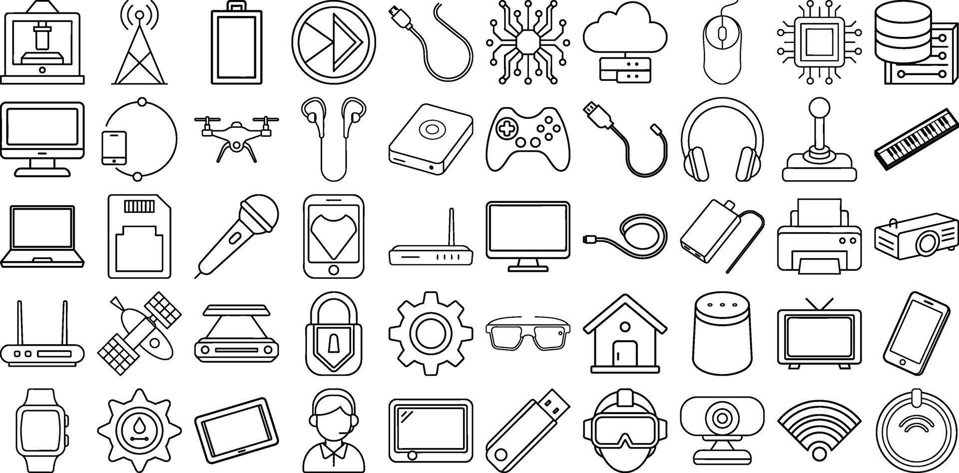 50 Line Art Icons Representing Modern Digital Technology and Electronic Devices Like Phones, Tablets, Drones, Game Consoles, Home Tech, and Wearables for Web and Mobile Projects vector