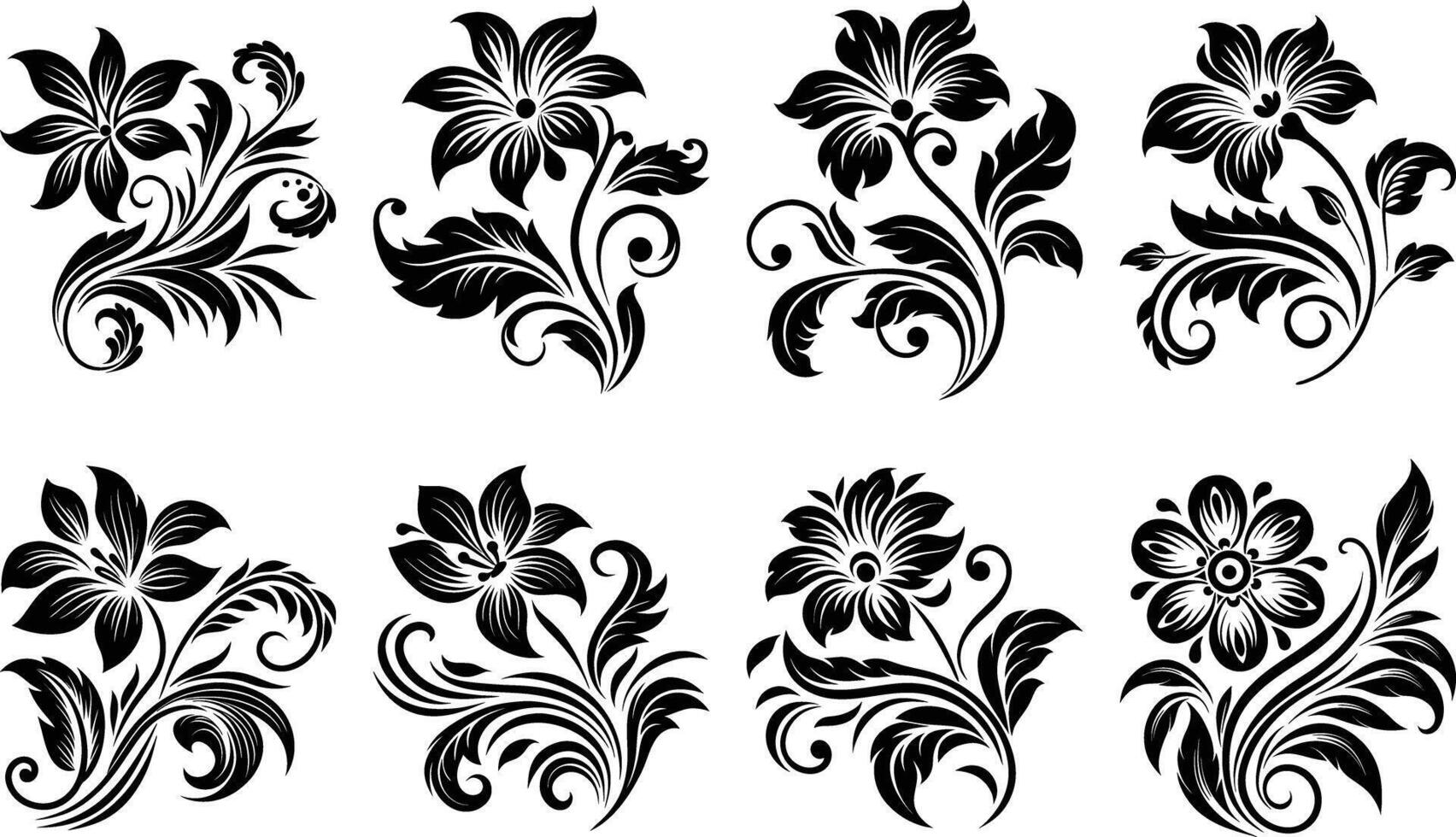 Premium Black White Florals Diverse Styles from Simple to Complex Bloom Illustrations vector