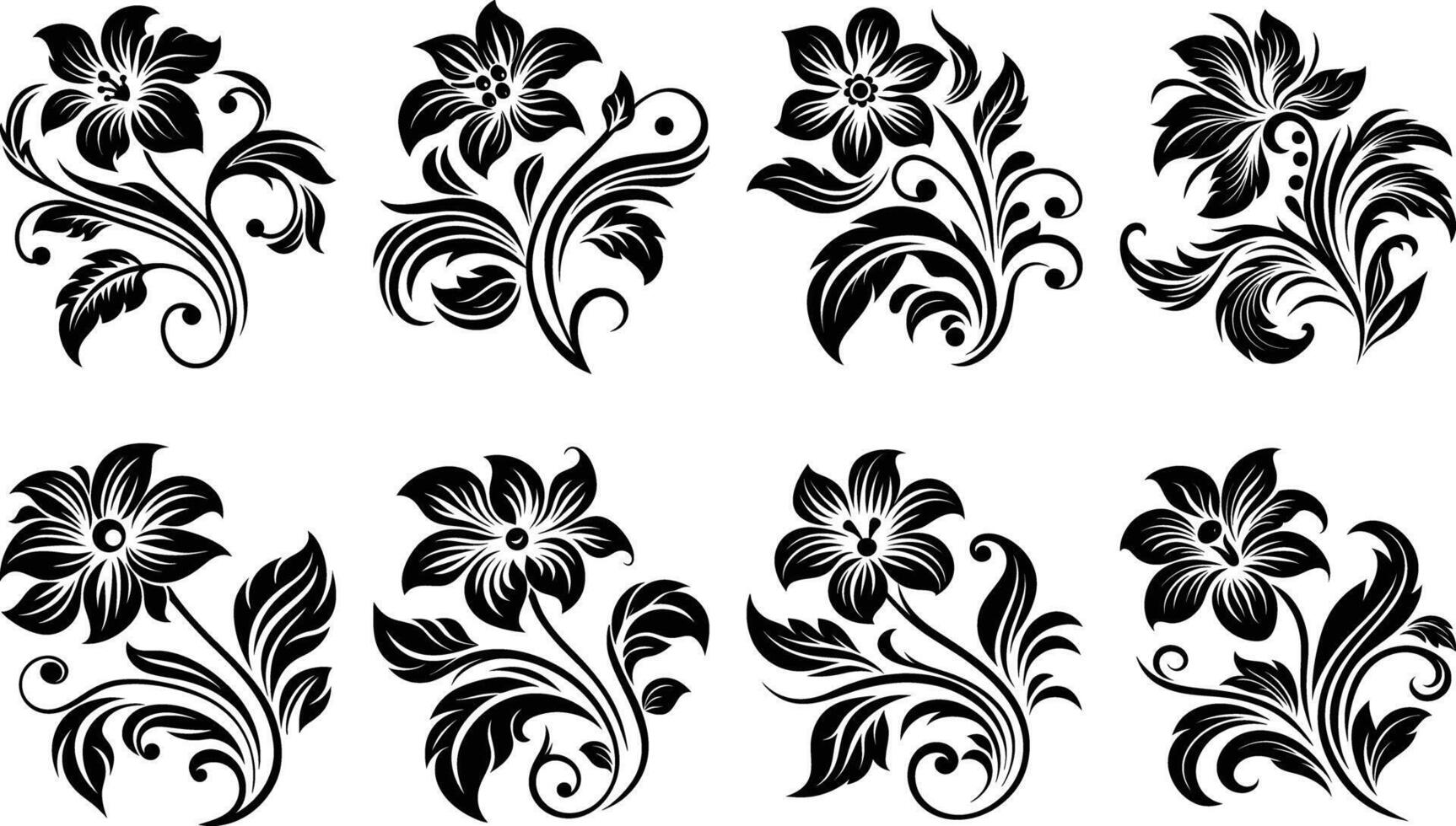 Ornate Detailed Floral Design Kit Elaborate Black White Scrollwork Leaves Blossoms vector