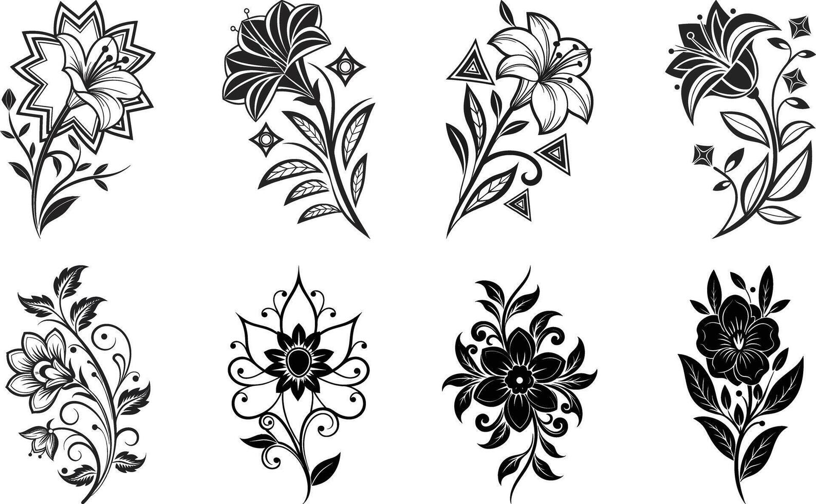 High Contrast Decorative Floral Bundle Stunning Black White Ornaments Motifs Embellishments vector