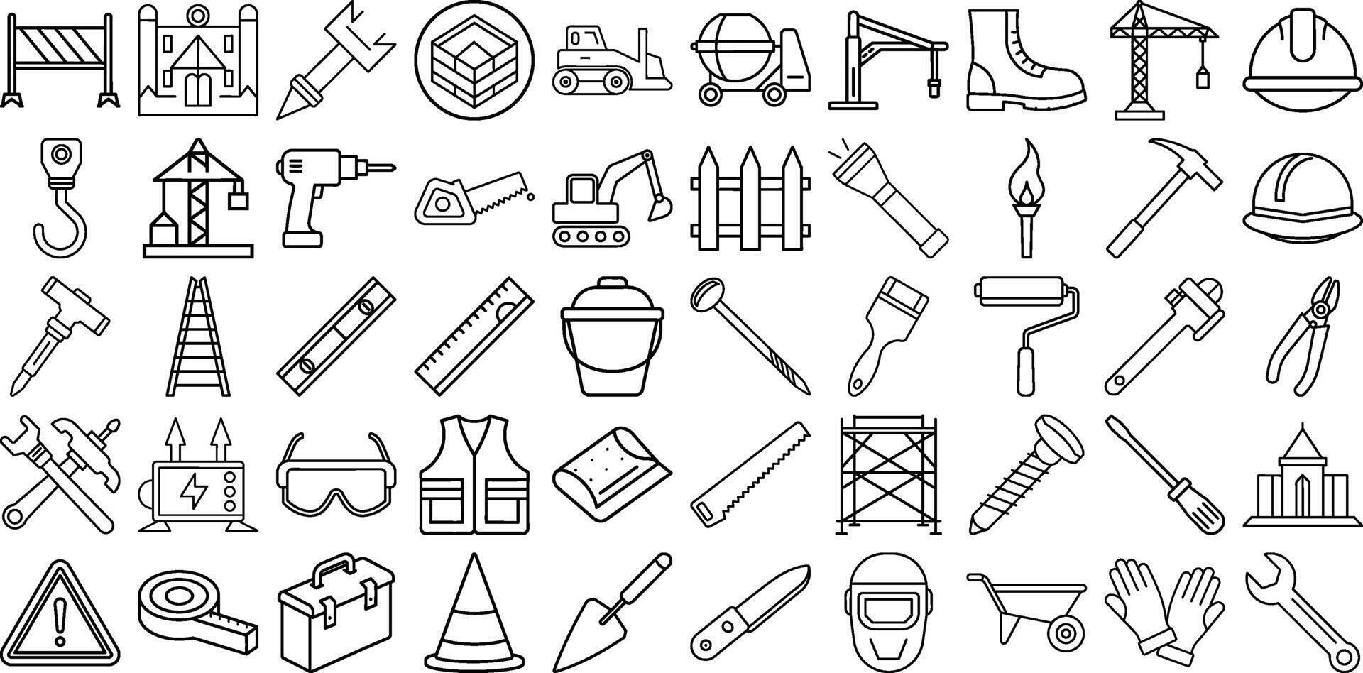 50 Line Art Icons of Construction and Industrial Tools Including Hand Tools, Safety Equipment, Heavy Machinery, and Building Materials for Engineering, Architecture, and Renovation Projects vector