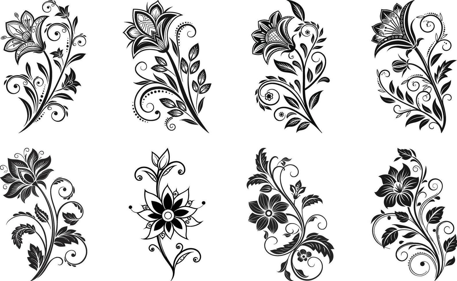 Elegant Monochrome Floral Set Intricate Blooms Graceful Swirls for Digital Projects vector