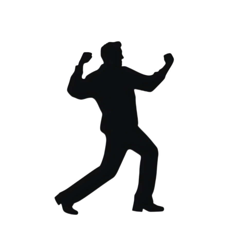 Energetic Black Silhouette Man Dancing with Arms Raised on Transparent Background png