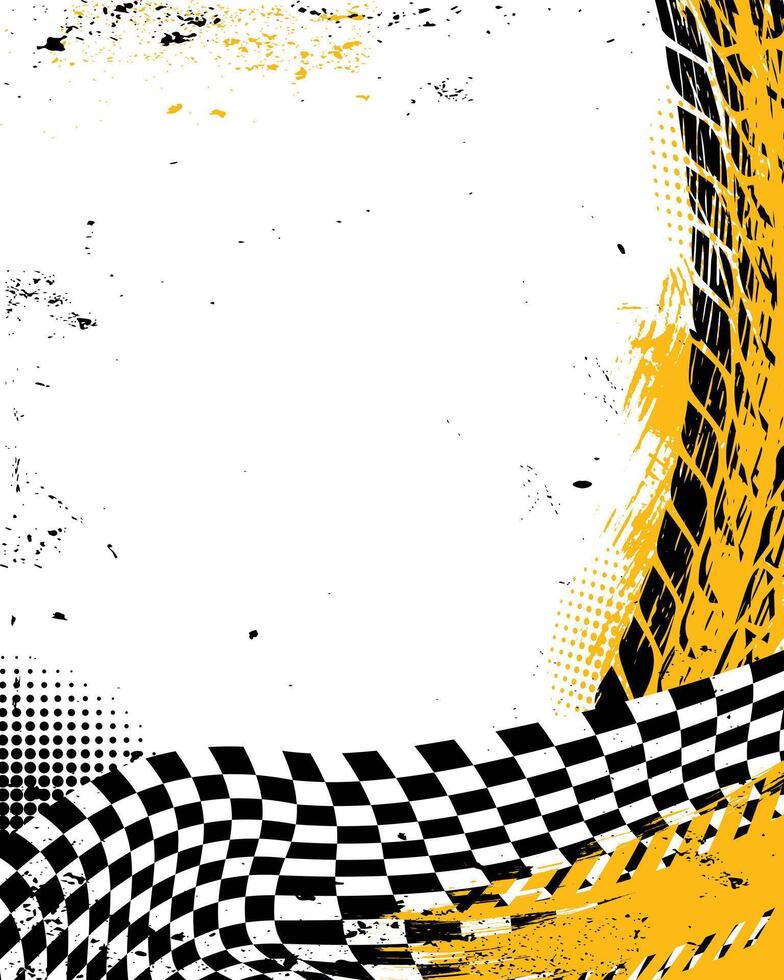 Checkered flag grunge background, car racing, tire tracks vector