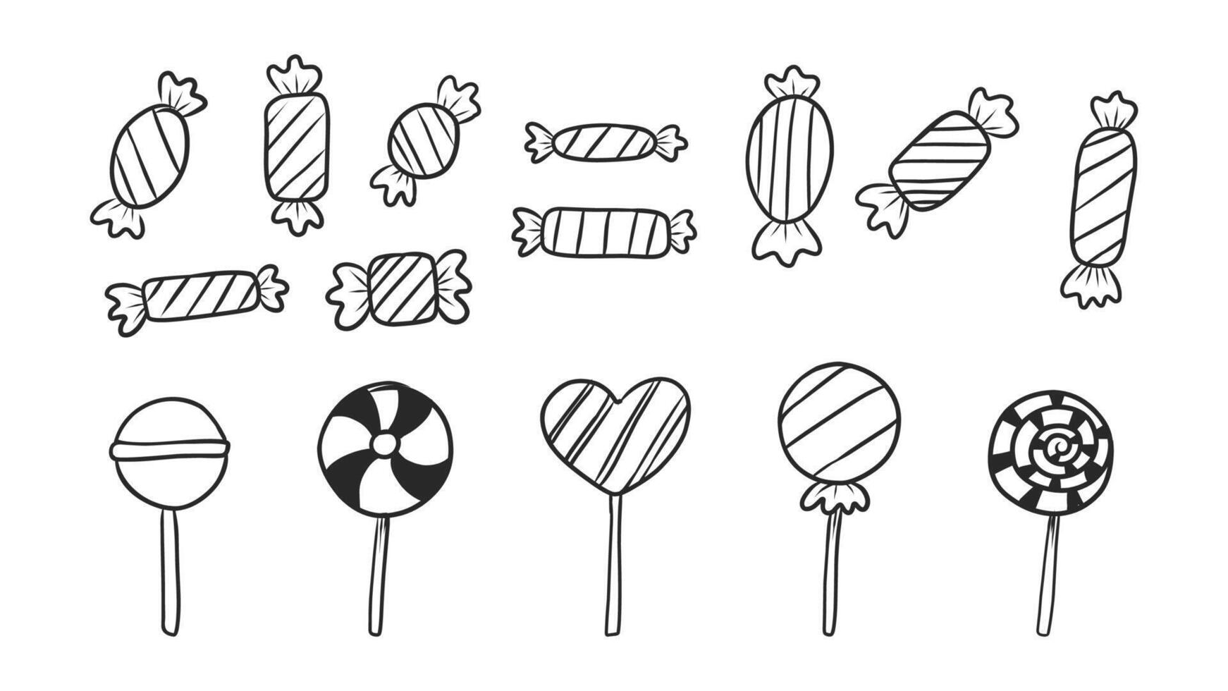 Extensive Collection of Hand-Drawn Wrapped Candies and Striped Lollipops vector