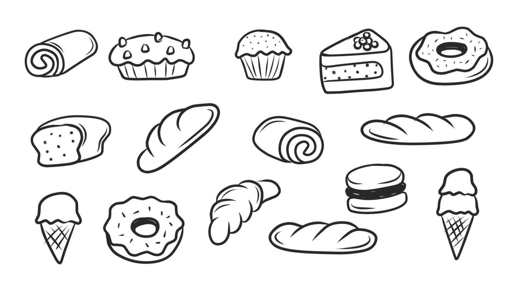 Set of Hand-Drawn Pastry, Bread, and Dessert Doodle Outline Illustration vector
