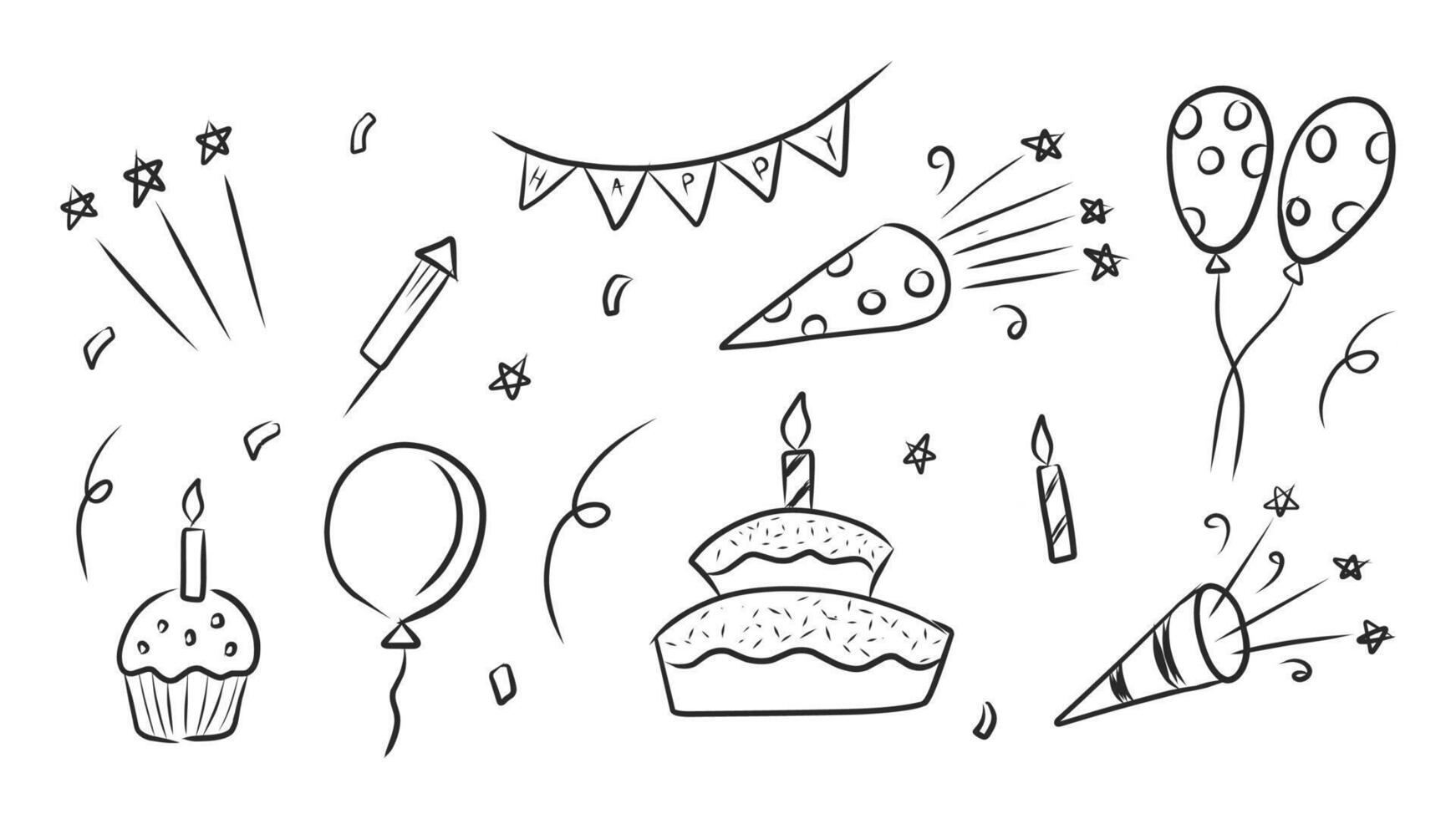 Hand-Drawn Doodle Collection of Party Elements and Birthday Celebration Decorations vector