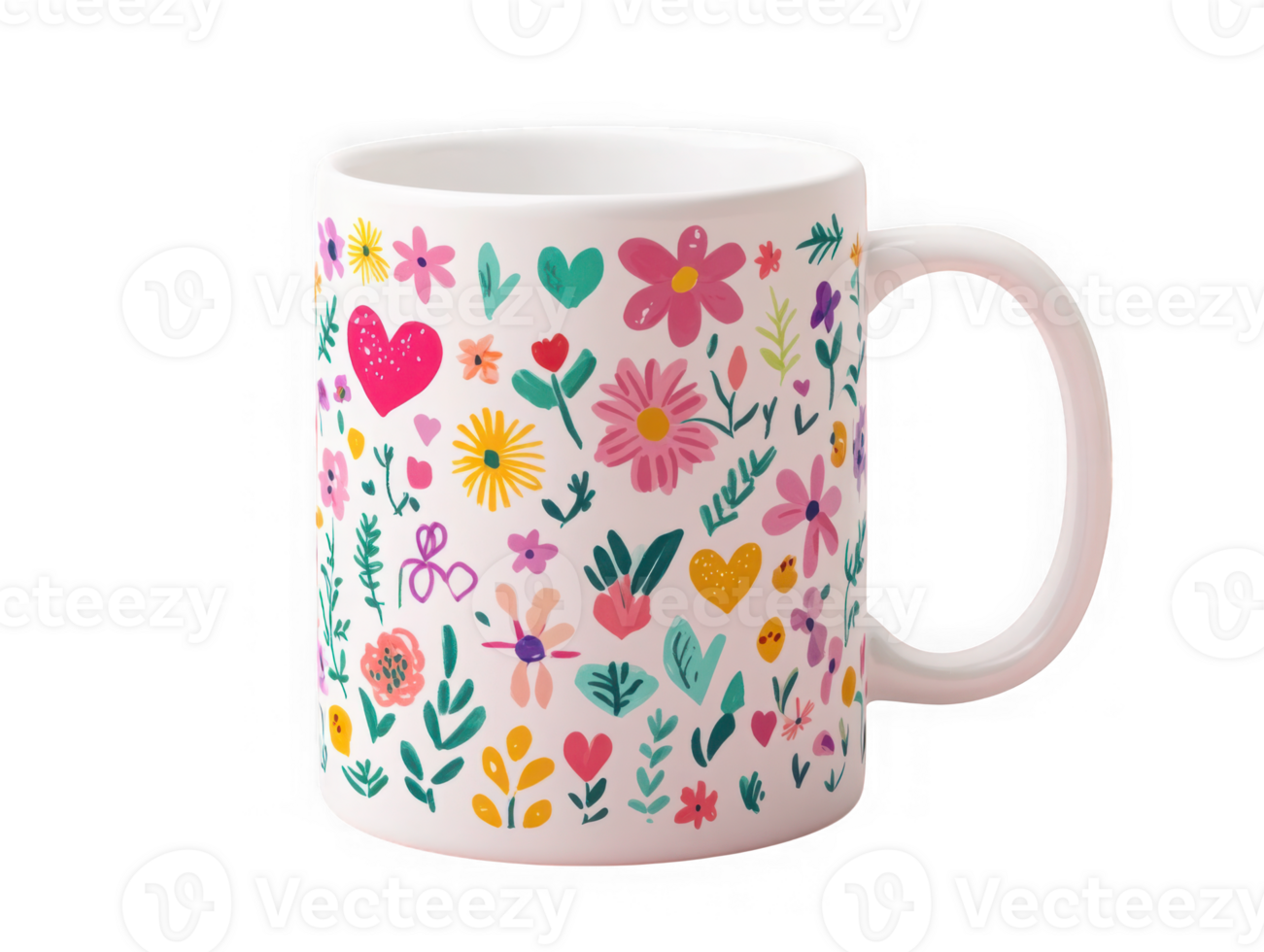 White mug with floral and heart patterns png