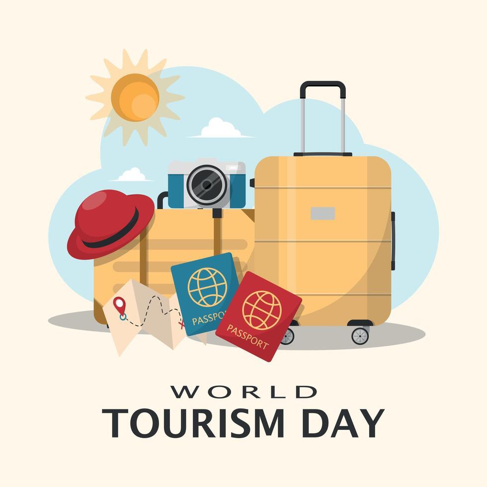 World Tourism Day Poster. Travel gear vector