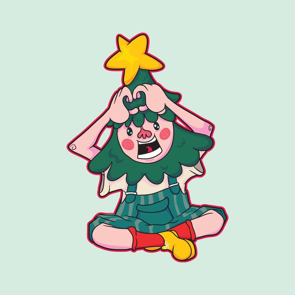 Cute cartoon child character wearing a Christmas tree costume with star on head sitting with happy expression Perfect for holiday kids clipart, festive decoration and design vector
