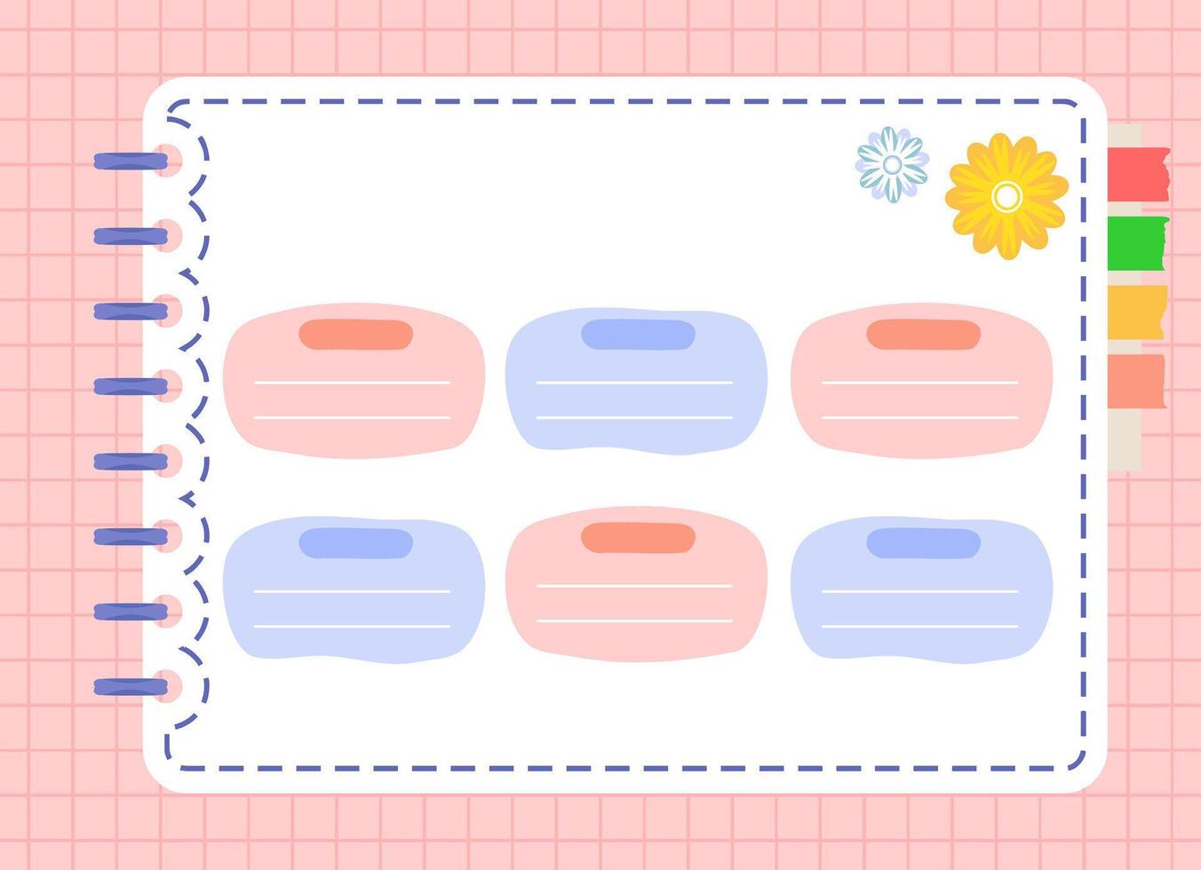 Organized Digital Notebook Page Template with Colorful Blank Labels and Grid Pattern Background vector