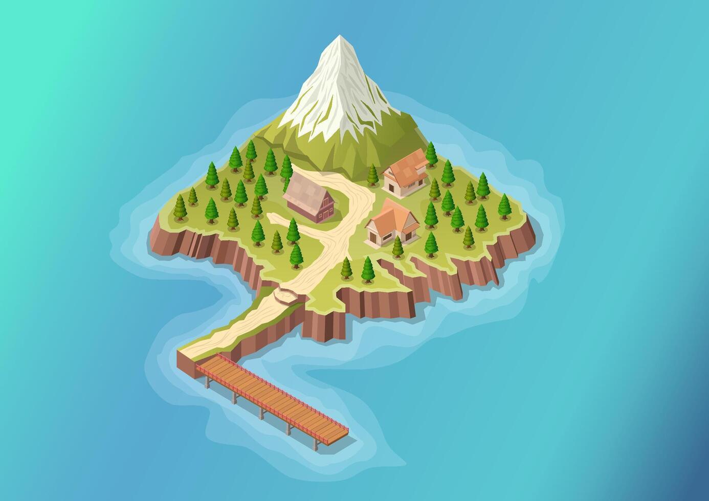Island with mountain and wooden pier vector