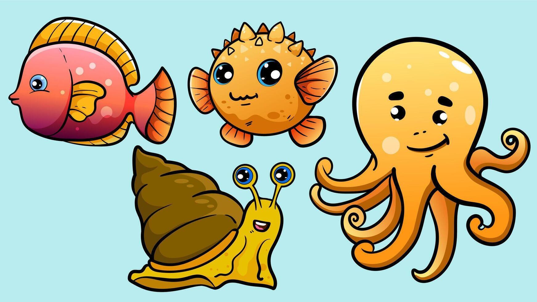 Colorful cartoon sea creatures illustration vector