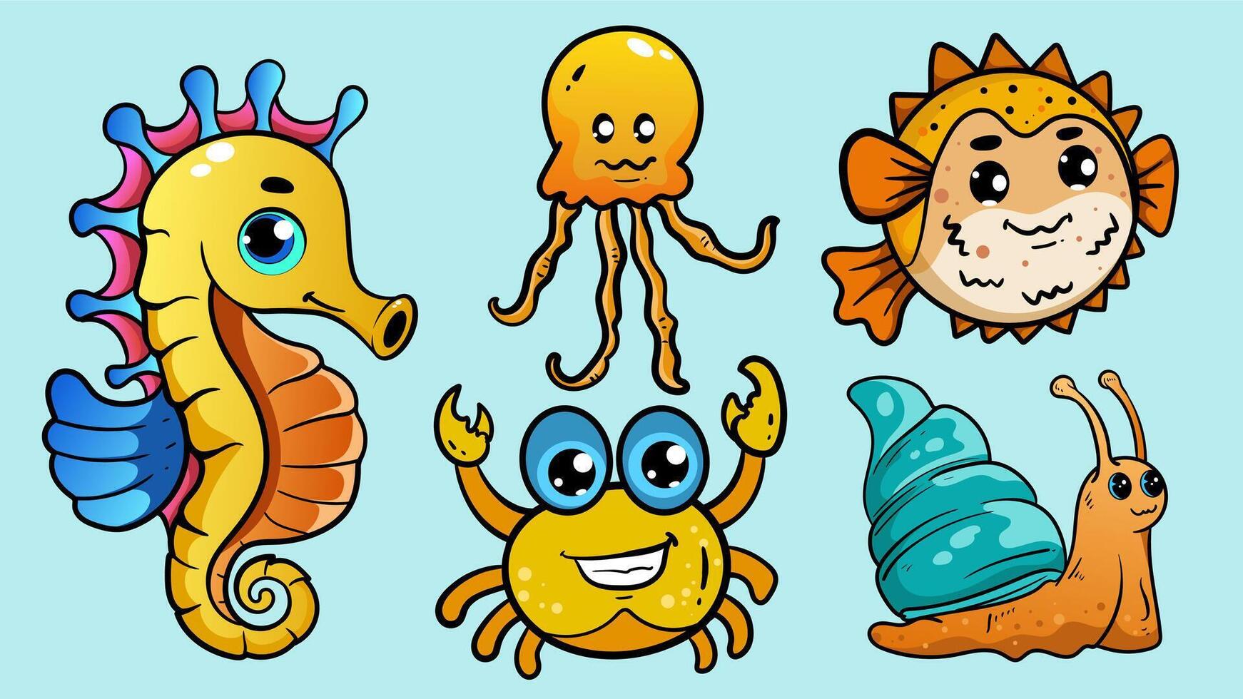 Cartoon sea creatures in vibrant colors vector