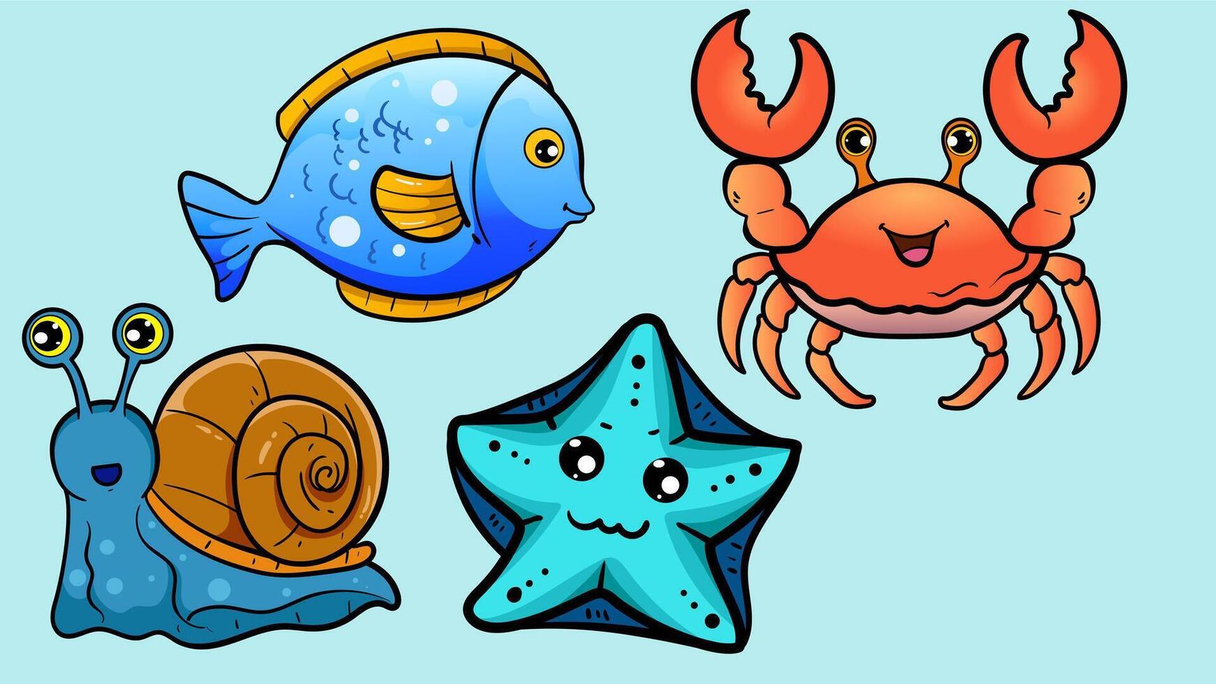 Cartoon sea creatures including fish and crab vector