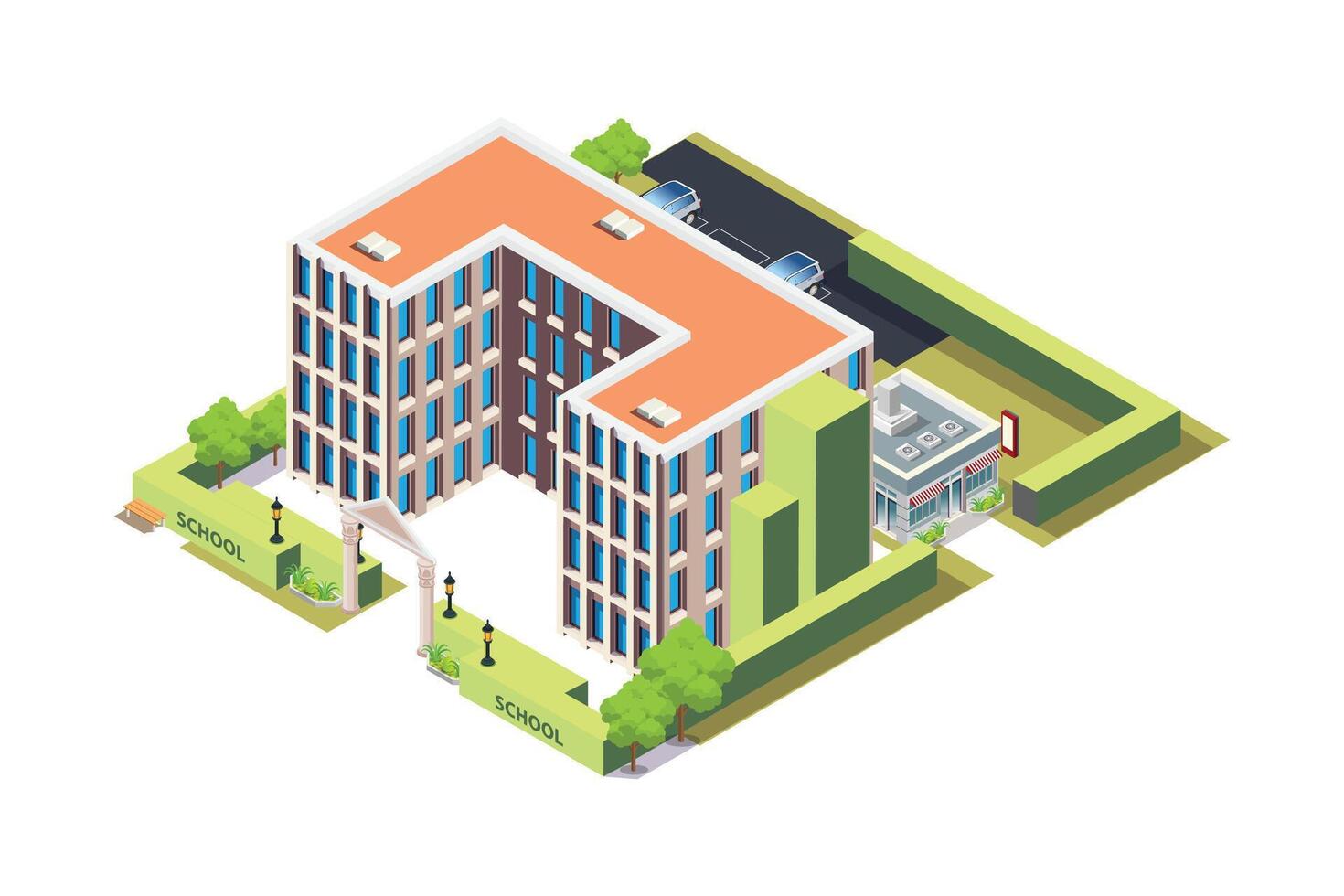 Modern school building with green environment vector