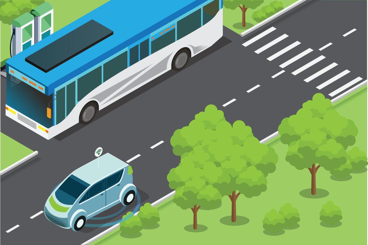 Electric vehicle and bus on city road vector