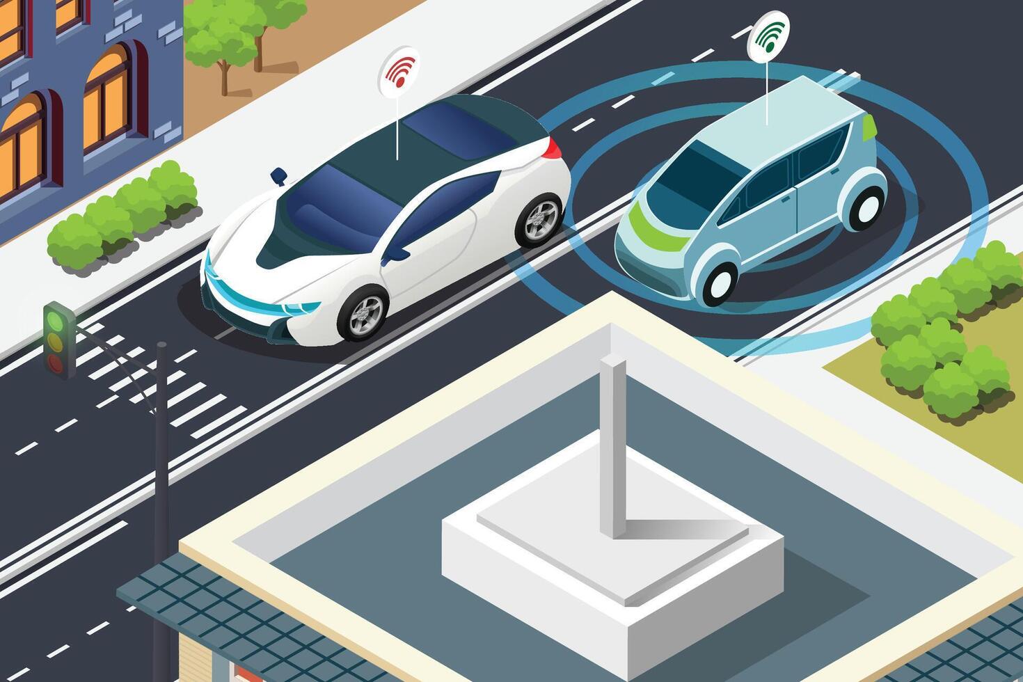 Smart cars communicating on city road vector