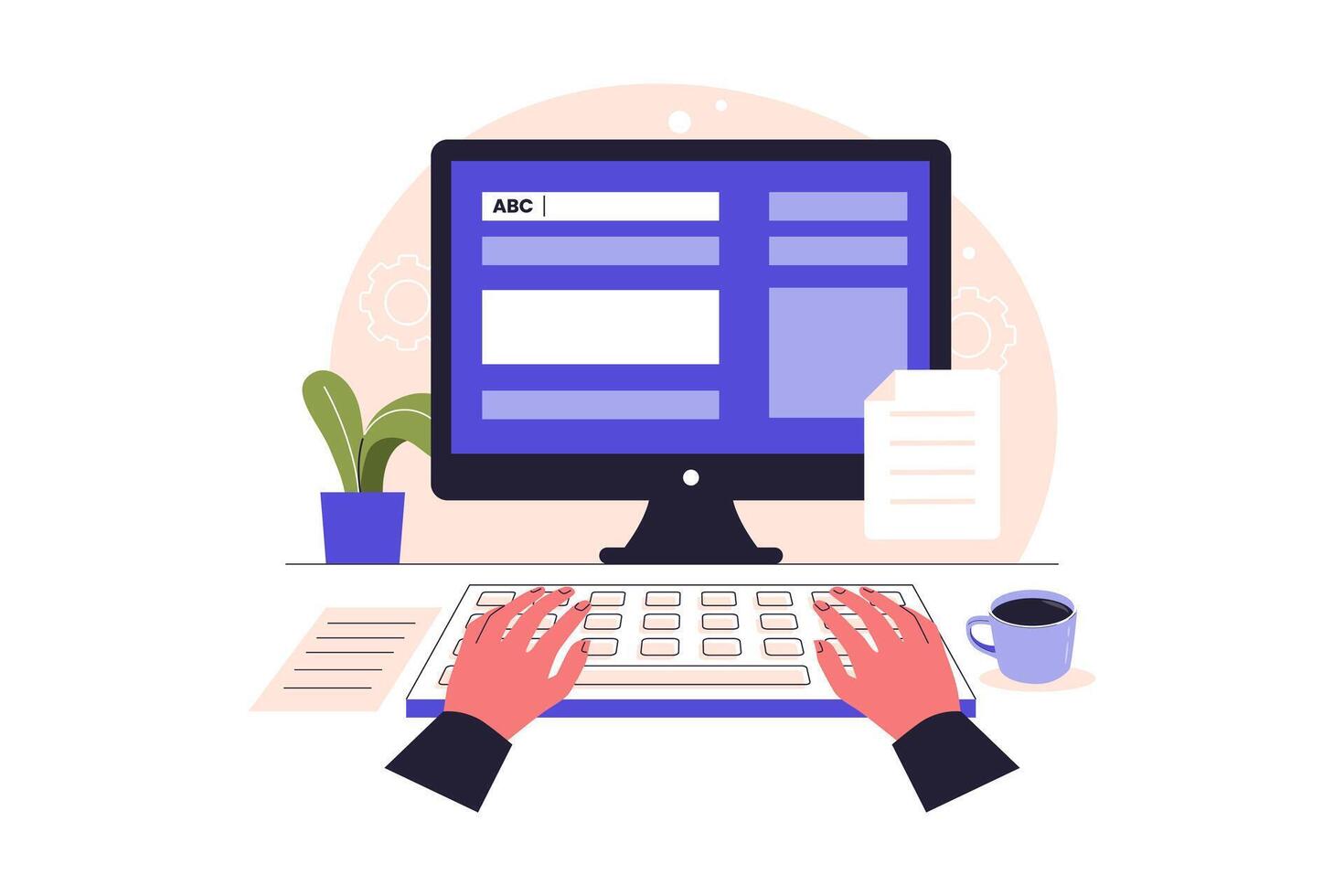 computer workspace with keyboard and coffee vector