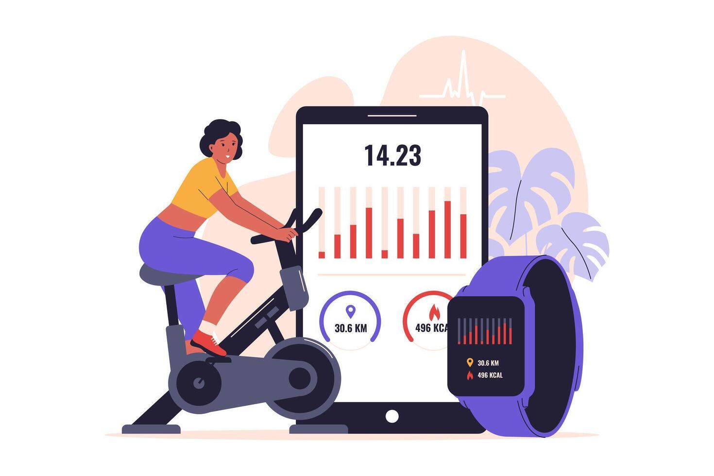 Cyclist checking fitness metrics on devices vector
