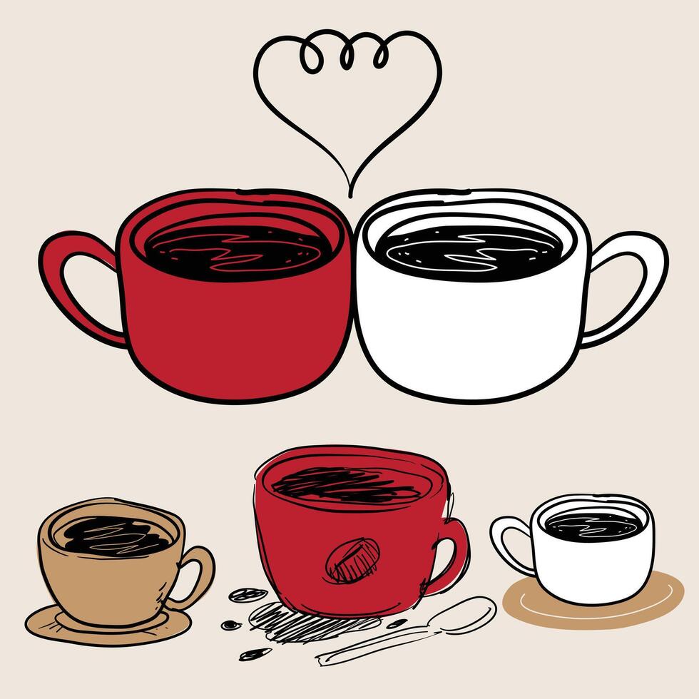 Hand Drawn coffee date and love themed grunge, artistic, trendy style tasty coffee concept illustration design elements set vector