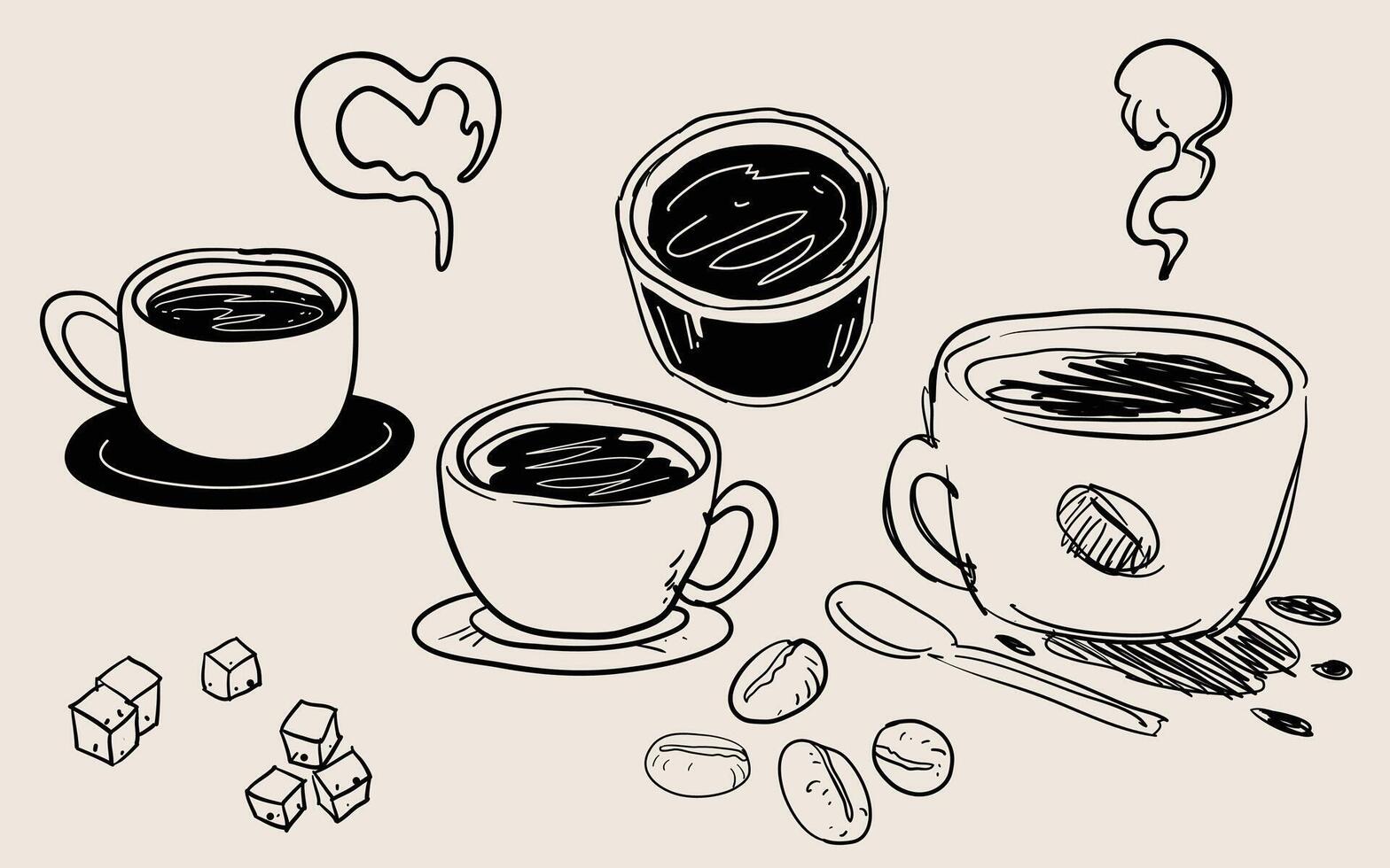 Hand-Drawn coffeasty coffee concept and cafe doodle grunge, artistic, doodle, trendy style tector illustration isolated design elements set vector